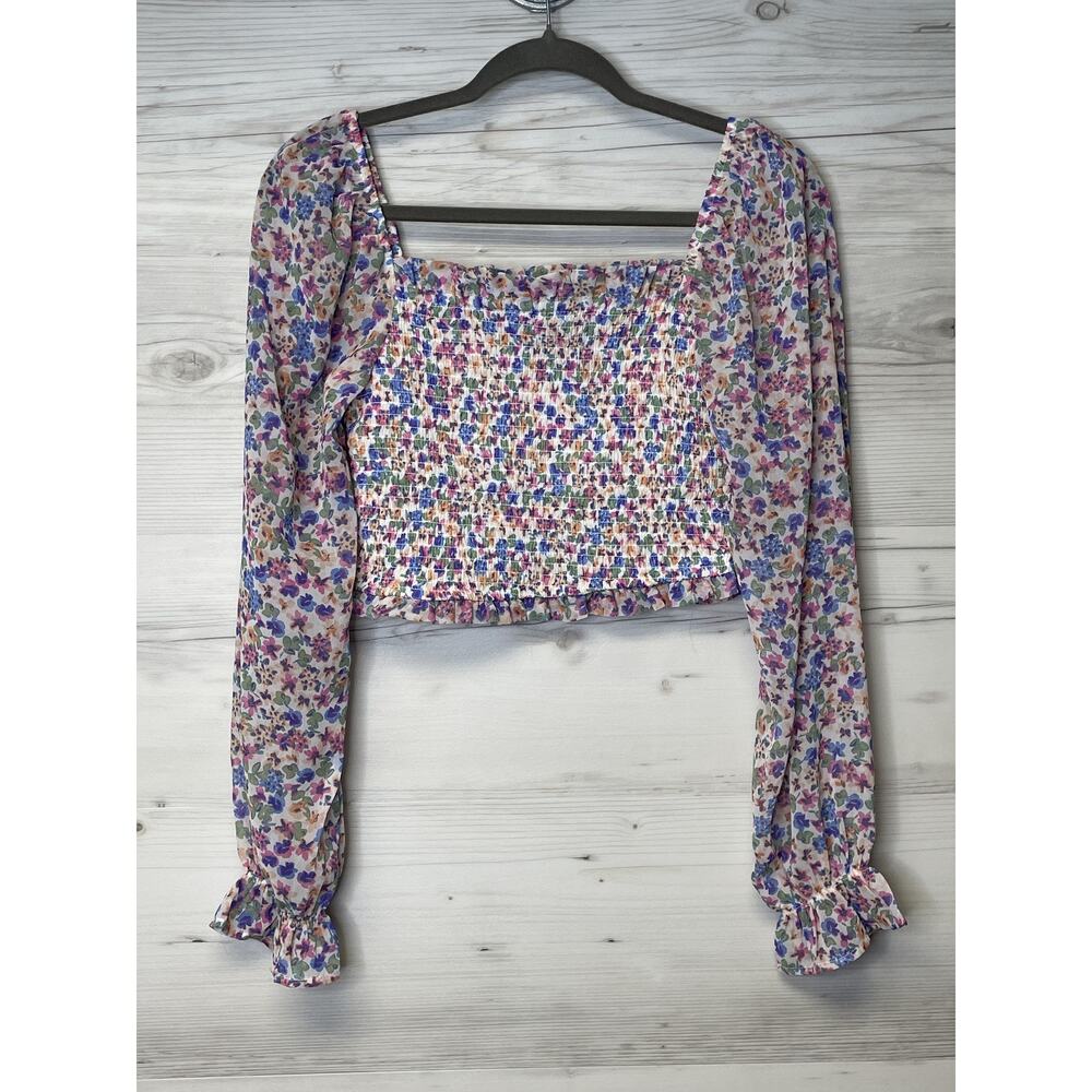 Japna Blouse Womens Small Multicolor Floral Long‎ Sleeve Smocked Crop Top Ruffle